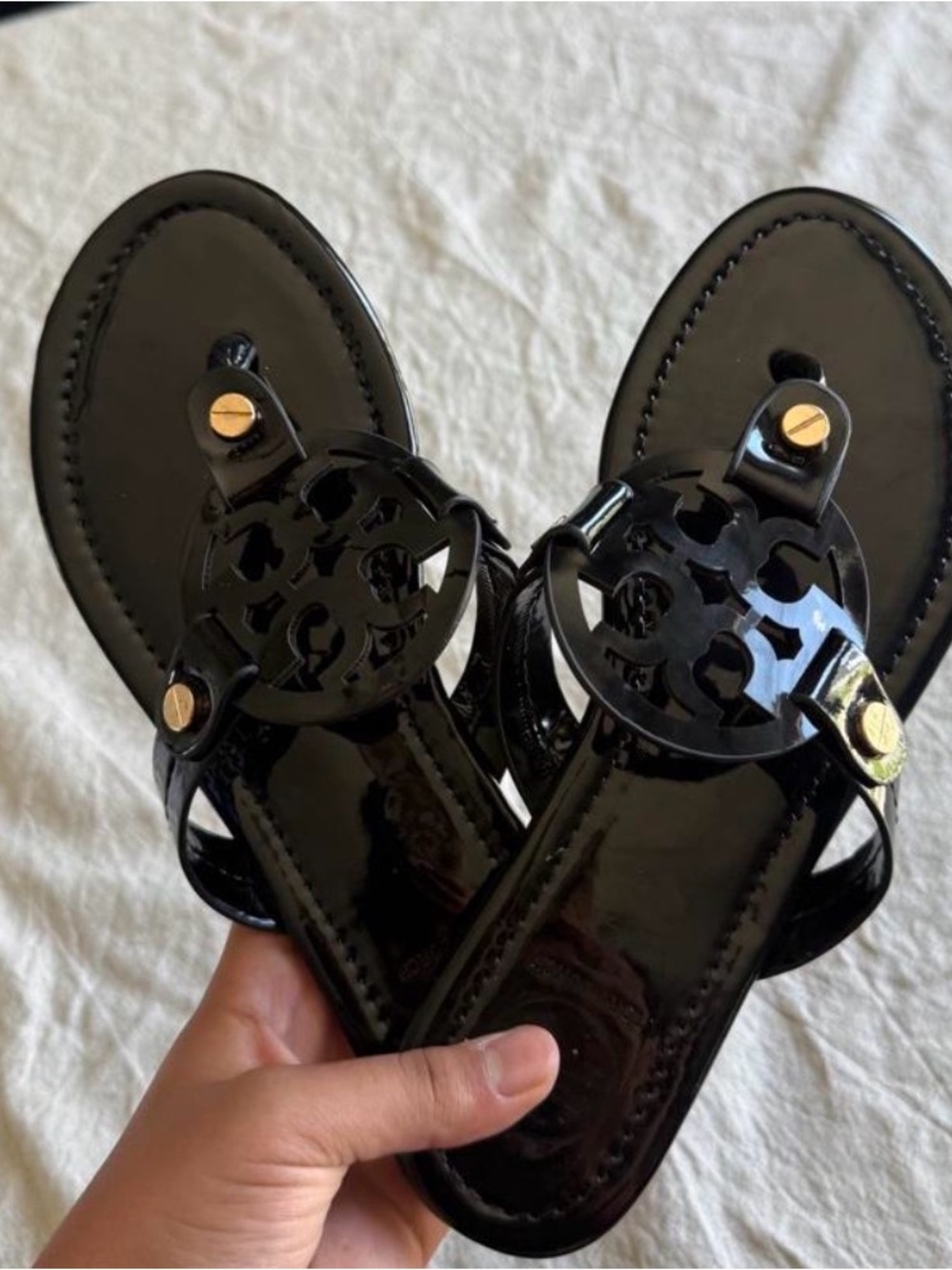 Black Patent Logo-Detail Women's Sandals